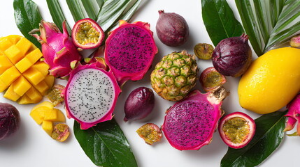 Assorted tropical fruit with pineapple, mango, and dragon fruit on a bright white background. Healthy food and produce concept.