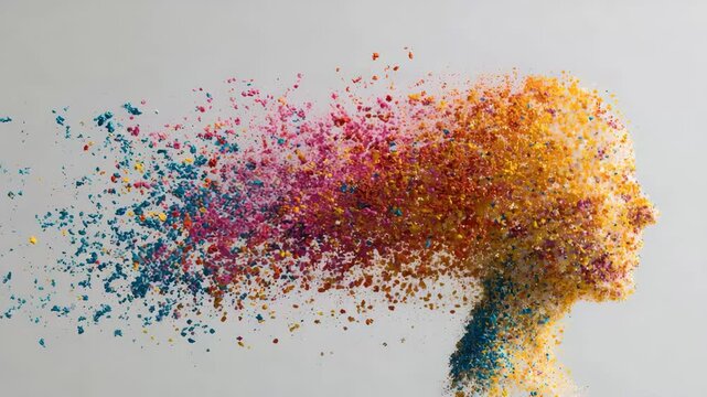 Deconstructed Mind: A thought-provoking artistic rendering of a human profile disintegrating into a cloud of vibrant color particles.