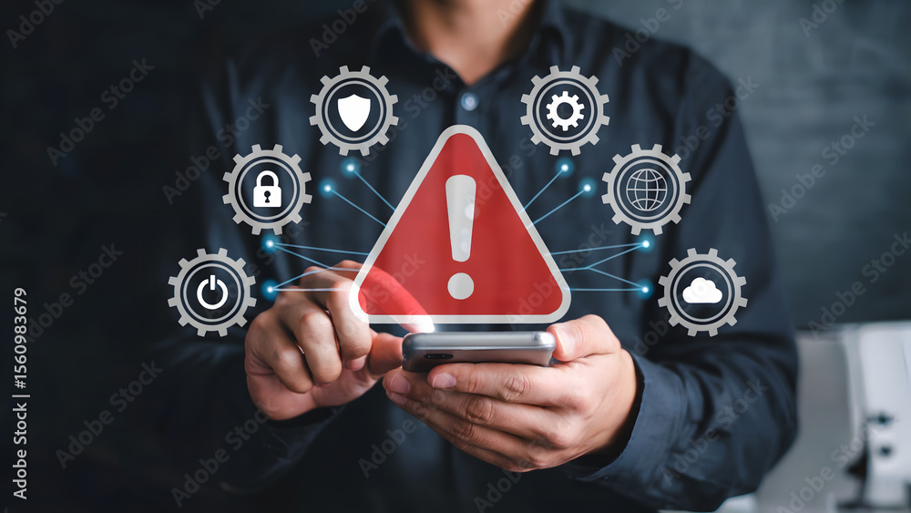 Aufkleber cyber security alert, showing a man using phone, with warning sign and protection icons depicting th