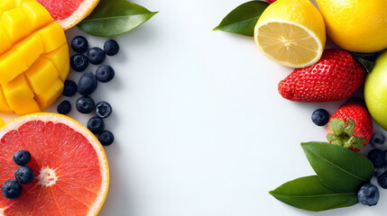Fresh bright summer fruit assortment with citrus slices and berries. Healthy food and vegetarian snack concept.