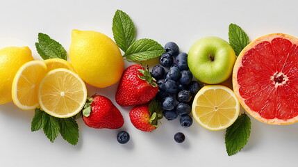 Fresh bright summer fruit assortment with citrus slices and berries. Healthy food and vegetarian snack concept.