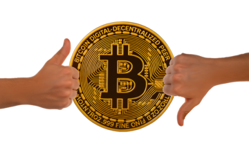 A golden Bitcoin coin is shown between a thumbs-up and a thumbs-down hand on a transparent background.