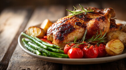 Whole roasted chicken with potatoes and tomatoes on a plate on a wooden table. Delicious homemade meal for dinner or festive occasion.