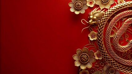 Golden dragon and flowers on a red background for chinese new year celebration art