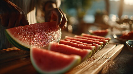 A woman stands in a bright kitchen, with a slice of fresh watermelon on a cutting board in the foreground. Healthy eating lifestyle.