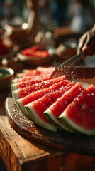 A woman stands in a bright kitchen, with a slice of fresh watermelon on a cutting board in the foreground. Healthy eating lifestyle.