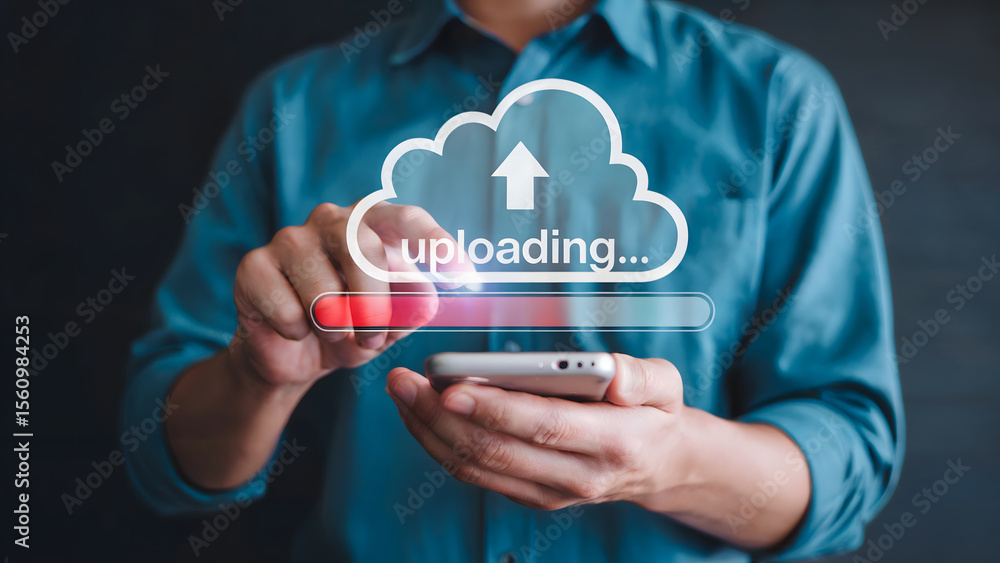 Poster person uploading data to the cloud with a smartphone, showing seamless data transfer, file sharing, 