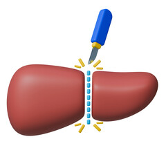 Hepatectomy surgery 3d icon with liver incision and scalpel tool.