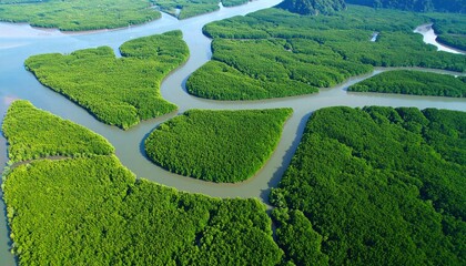 Aerial view of a mangrove forest with winding waterways.