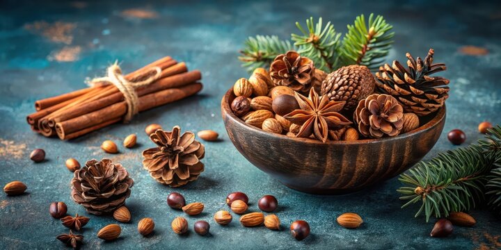 Aromatic Winter Nuts and Spices in Wooden Bowl with Pine Cones and Cinnamon Sticks