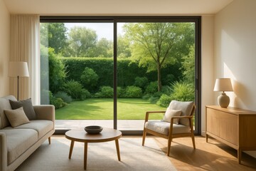 Fototapeta premium Modern living room with beige sofa armchair and coffee table overlooking a lush green garden through large glass doors