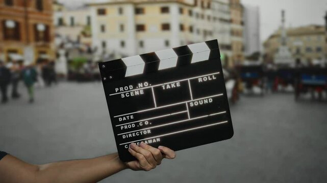 Man holding a clapperboard on a bustling city street, capturing the essence of filming with blurred urban buildings in the background.
