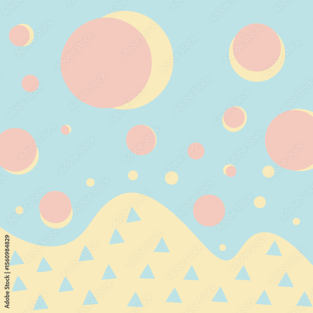 Aufkleber playful pastel design with floating circles and triangles on a soft blue and yellow canvas
