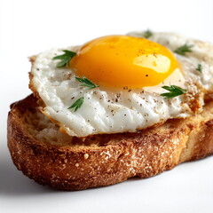 Fried egg on toasted bread slice with parsley and ground pepper. Delicious breakfast food isolated on white background.