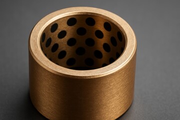 Bronze bushing with black inserts close up view Cylindrical metallic component