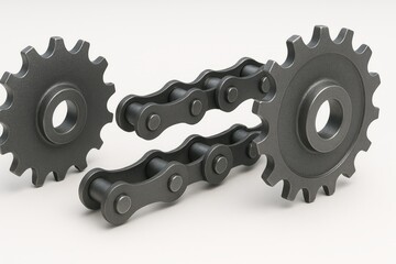 Two metal gears and roller chain segments Industrial mechanical components