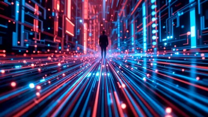 Silhouette figure stands in a digital tunnel of red and blue light, surrounded by data streams and futuristic circuits - Powered by Adobe