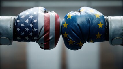 Boxing gloves featuring the american flag and the european union flag touching each other