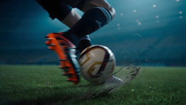 Dynamic close up of a soccer player kicking a ball with grass flying