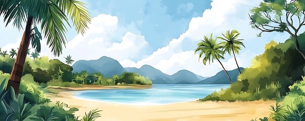 
Vector illustration of tropical beach in daytime. Hand-painted watercolor background.


