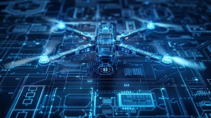 Holographic drone prototype projection with glowing blue circuits and digital wireframe design showcasing futuristic unmanned aerial vehicle technology - Powered by Adobe