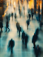 Long exposure shot of crowd of business people walking in bright office lobby fast moving with blurry - ai