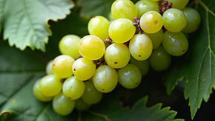 Close-up of a bunch of green grapes attached to the vine, surrounded by grape leaves. Useful for illustrating fruit, agriculture, or healthy food concepts.