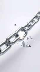 A broken metal chain link with shattered pieces isolated on white background