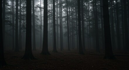 Obraz premium Dark misty forest path softly lit by diffused light. AI Generated