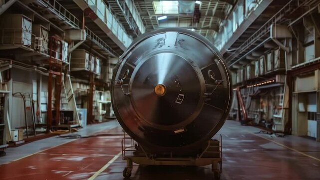 Military missile positioned in defense manufacturing facility with industrial infrastructure and concrete flooring creating weapons production environment
