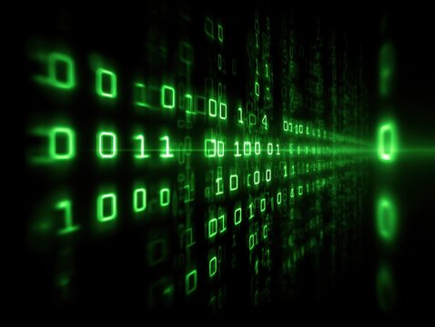 Digital binary code streams in green light against a dark background, creating a tech-inspired atmosphere.