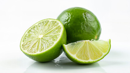 Isolated close-up of a fresh lime cut open, showing juicy flesh and visible seeds on a white background. Useful for food, nutrition, and healthy lifestyle concepts.