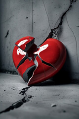 Broken Red Heart on Cracked Concrete Background