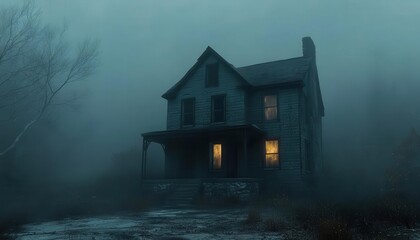 A 3D render of an abandoned house with flickering lights and shadowy corners, creating a suspenseful atmosphere