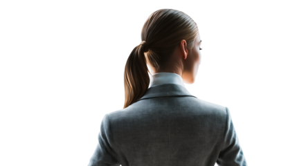 Businesswoman with sleek ponytail and tailored blazer, looking at glass board (not visible), back view, PNG