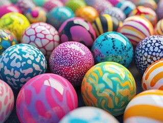 Fototapeta premium A colorful 3D texture showcase of abstract patterns on spheres, with vibrant tones and soft reflections, cinematic depth