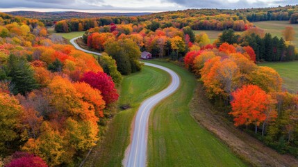 Obraz premium Scenic winding road passes through vibrant autumn colored trees and fields