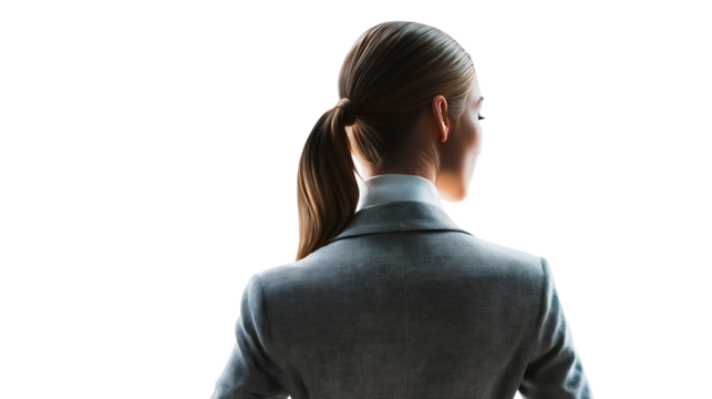 Businesswoman with sleek ponytail and tailored blazer, looking at glass board (not visible), back view, PNG - Powered by Adobe