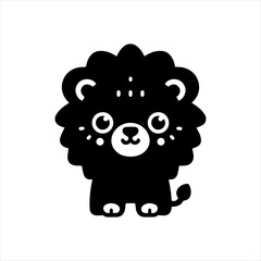 A stylized, black and white illustration of a cute cartoon lion with a fluffy mane.