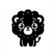 Cute, stylized black and white illustration of a cartoon lion cub.