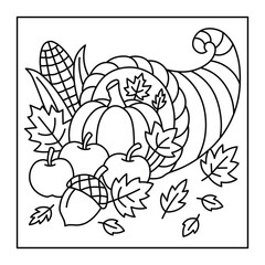 Autumn Harvest Coloring Sheet – Cornucopia with Fruits and Foliage for Kids and Adults