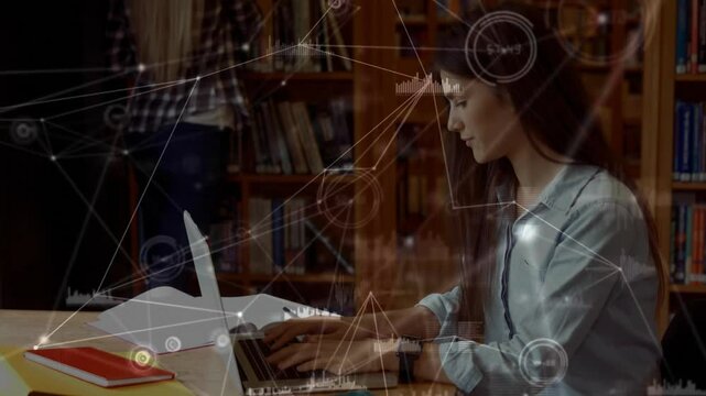 Education: Teenage girl moving into view, woman studying with laptop or book evolving network graphi