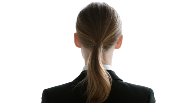 Businesswoman with sleek ponytail and tailored blazer, looking at glass board (not visible), back view, PNG
