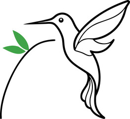 Single line hummingbird sipping nectar from a tubular flower with white background.