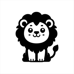 A cute, cartoon lion sitting upright, depicted in a simple black and white style.