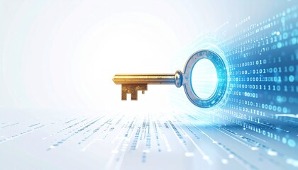 A golden key unlocks binary code in a cyber security concept