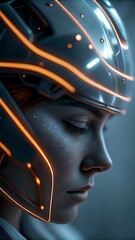 Obraz premium Close up of a woman wearing a futuristic helmet with glowing orange light accents