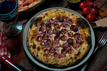 Authentic Brazilian pizza with calabresa sausage and onions baked in a wood-fired oven. Vera Neapolitan pizza