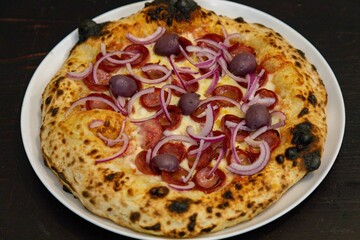 Authentic Brazilian pizza with calabresa sausage and onions baked in a wood-fired oven. Vera Neapolitan pizza