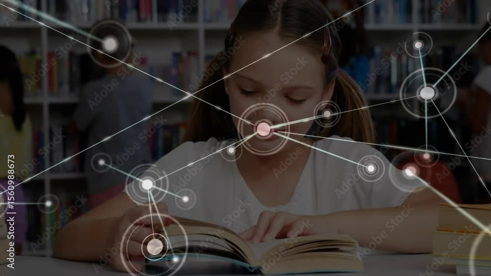 Poster schoolgirl turning pages in education library initiating data network overlay with branching nodes